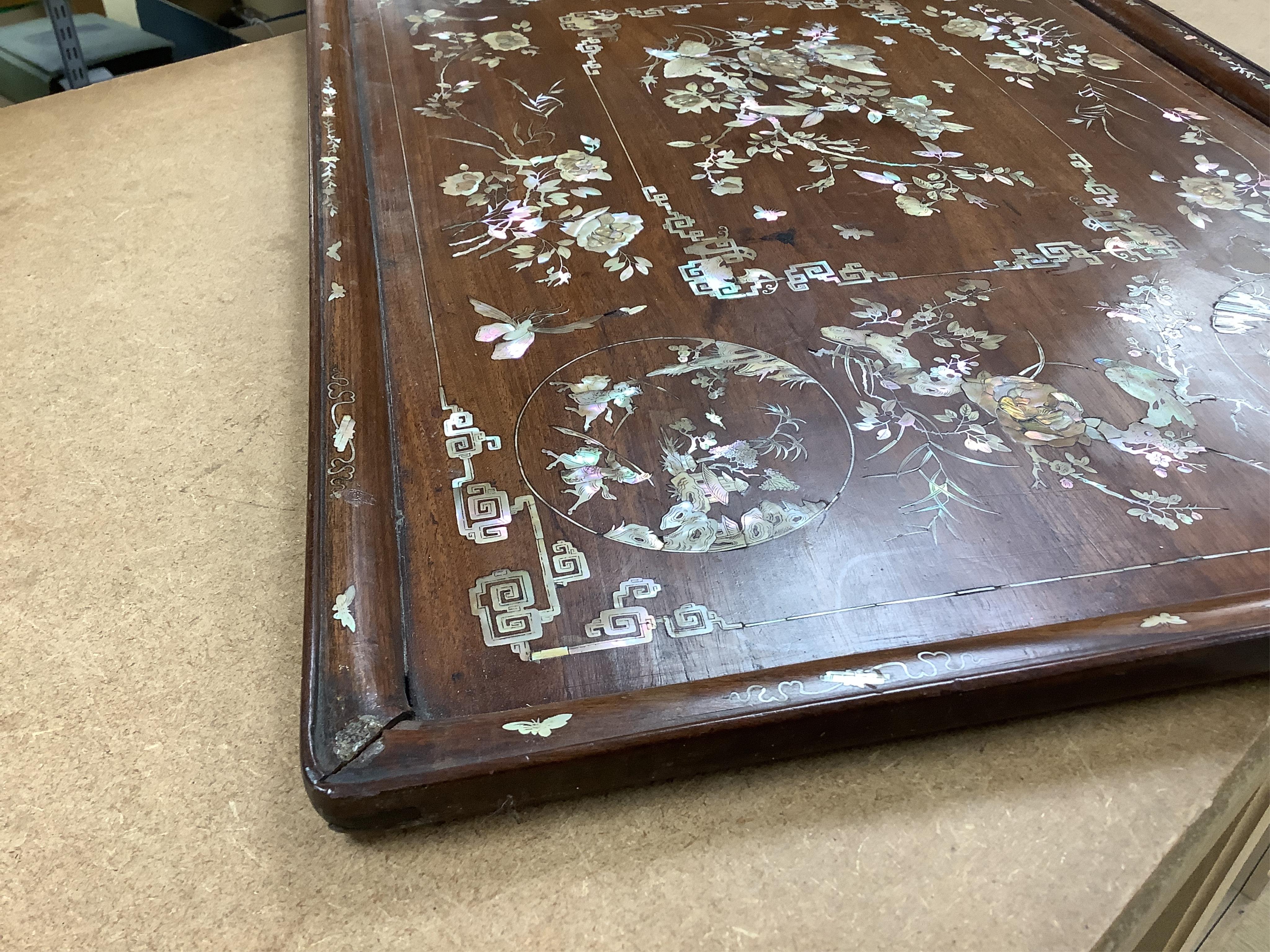 A Chinese hongmu and mother of pearl inlaid tray, 70cm wide x 48cm deep